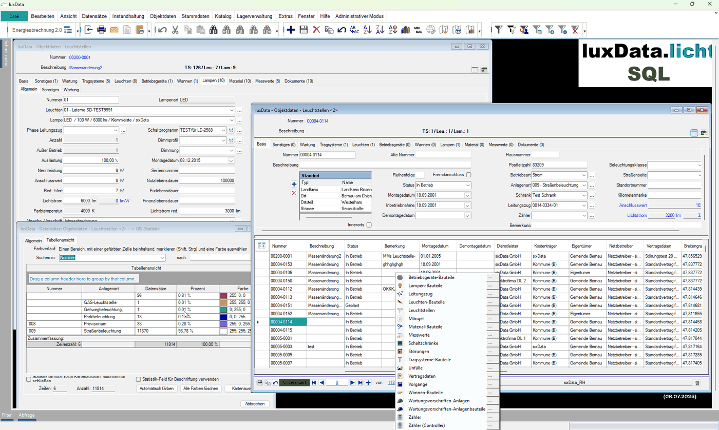 luxData.licht: Form for a light fixture with lamp and component data, table view of the inventory, and GIS statistics window