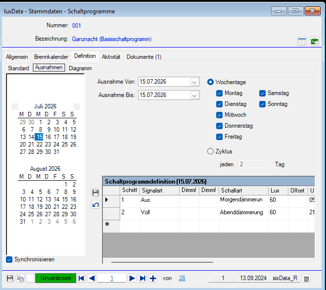 luxData.licht: Master data form for a lighting schedule with a lighting calendar, days of the week, and twilight values