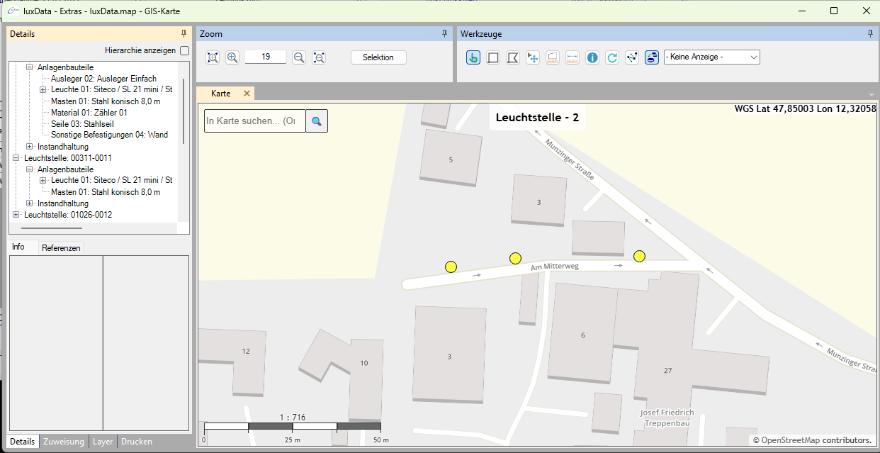 luxData.pro – GIS map with a hierarchical view of light sources