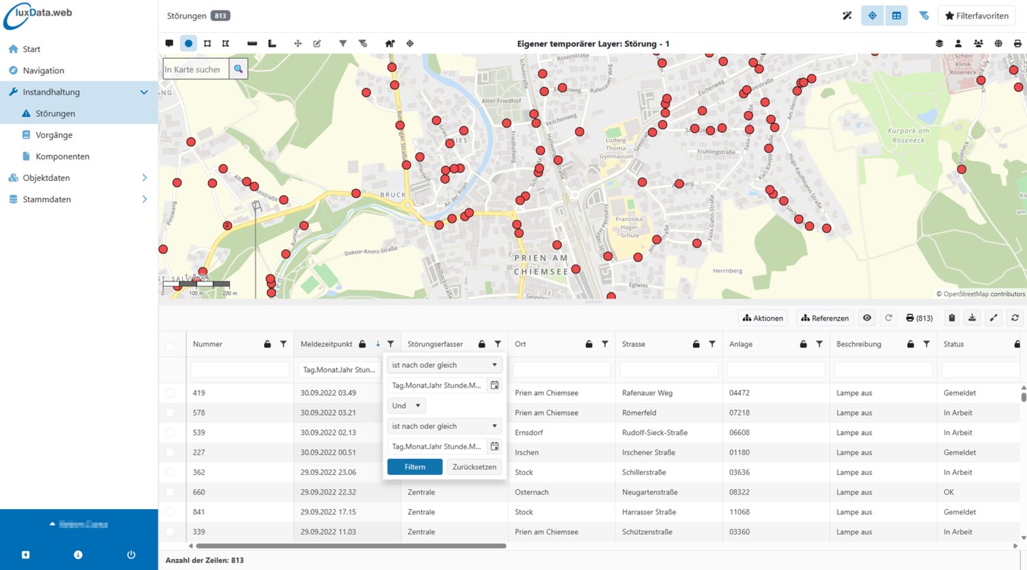 luxData.web – Outage Overview with Map and Table in the Browser